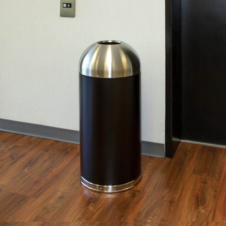 Image of Genuine Joe Trash Receptacle, Domed Top, 15 Gal, 16-1/2"Dia x 40", BK/SR