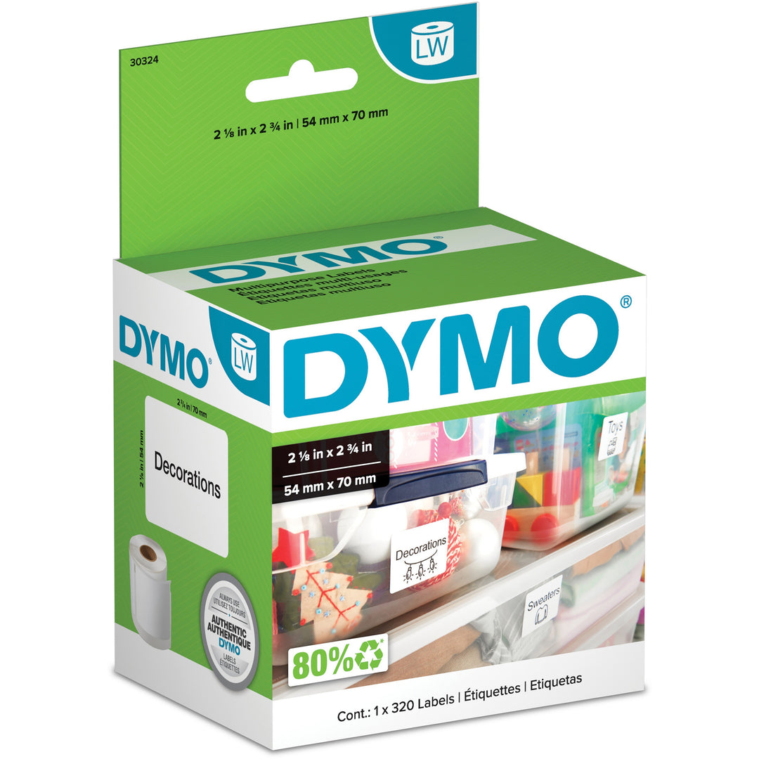 Image of Dymo 30324 LabelWriter Multipurpose Label, 2 1/8" W x 2 3/4" Length, Rectangle, Direct Thermal, White, 320 / Roll, 320 / Roll