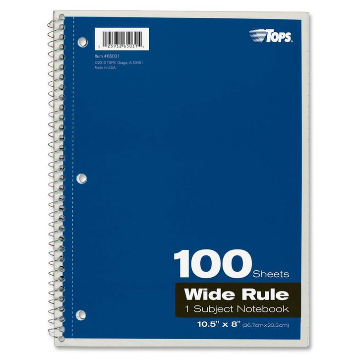 Image of Tops Notebooks,Wire-bound,Wide Rld,100 Shts,8"x10-1/2",AST