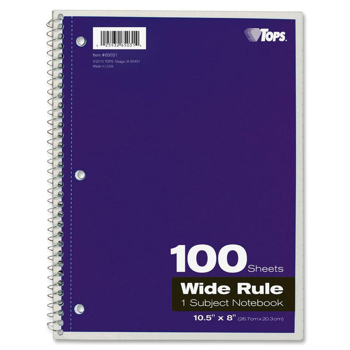 Image of Tops Notebooks,Wire-bound,Wide Rld,100 Shts,8"x10-1/2",AST