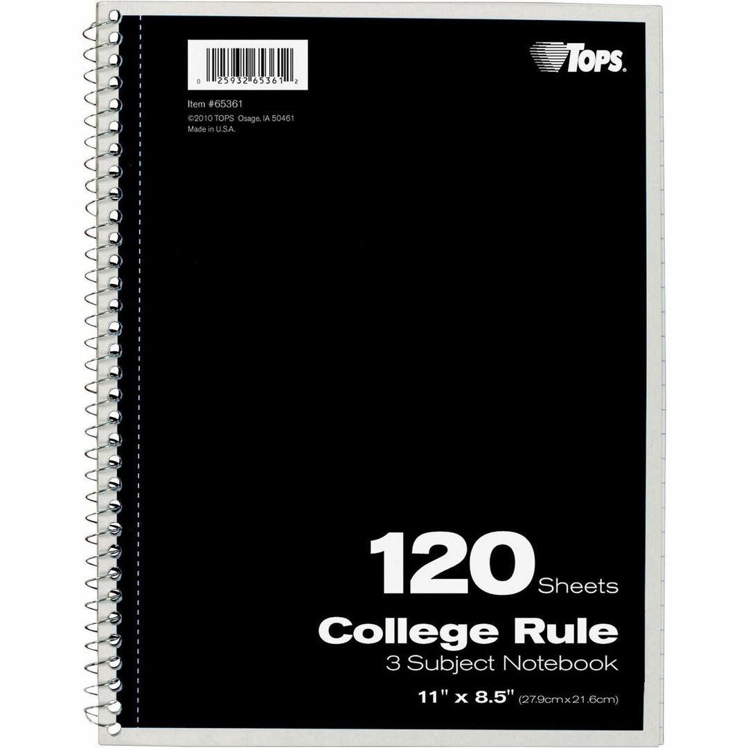 Image of Tops 3-Subject Notebooks, Collg Ruled, 11"x8-1/2", 120 Shts, Ast