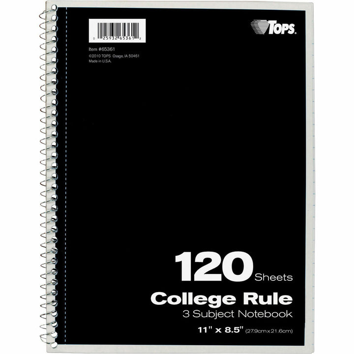 Image of Tops 3-Subject Notebooks, Collg Ruled, 11"x8-1/2", 120 Shts, Ast