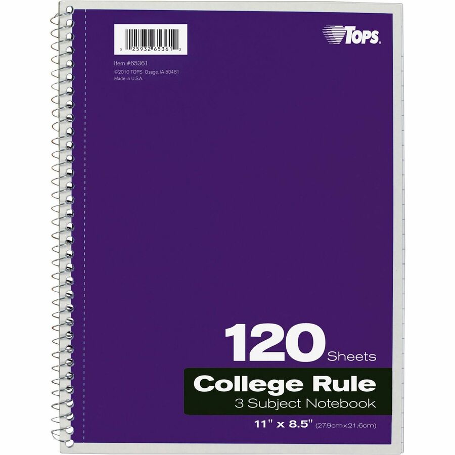 Image of Tops 3-Subject Notebooks, Collg Ruled, 11"x8-1/2", 120 Shts, Ast
