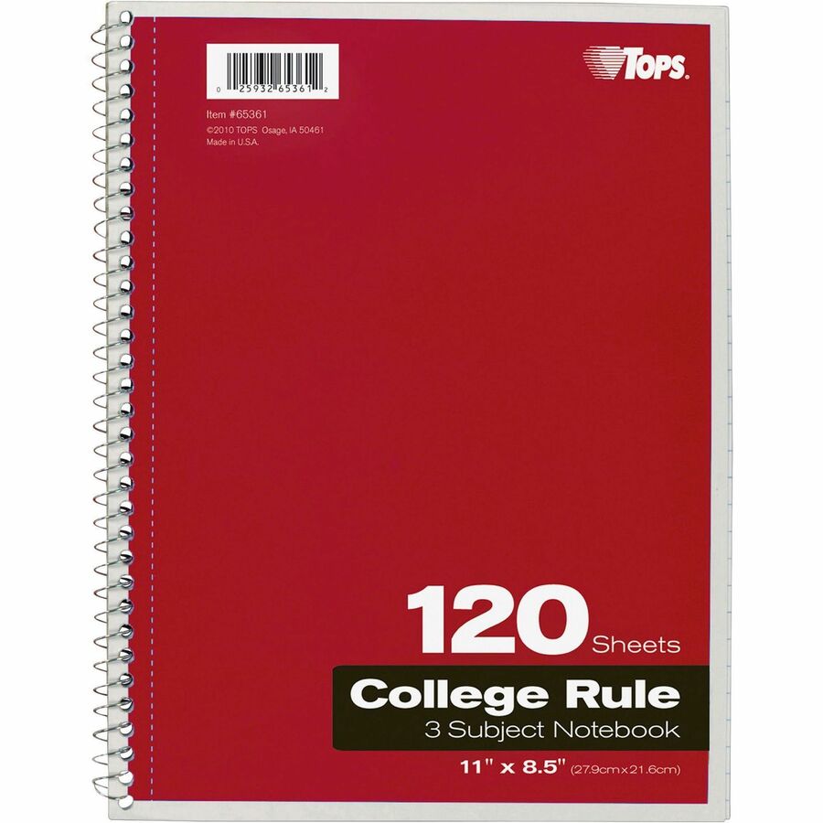 Image of Tops 3-Subject Notebooks, Collg Ruled, 11"x8-1/2", 120 Shts, Ast