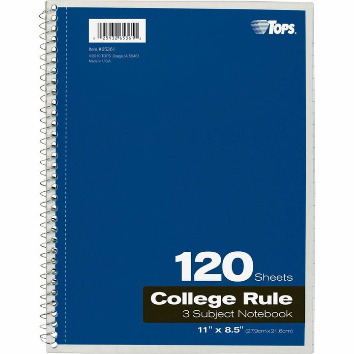 Image of Tops 3-Subject Notebooks, Collg Ruled, 11"x8-1/2", 120 Shts, Ast
