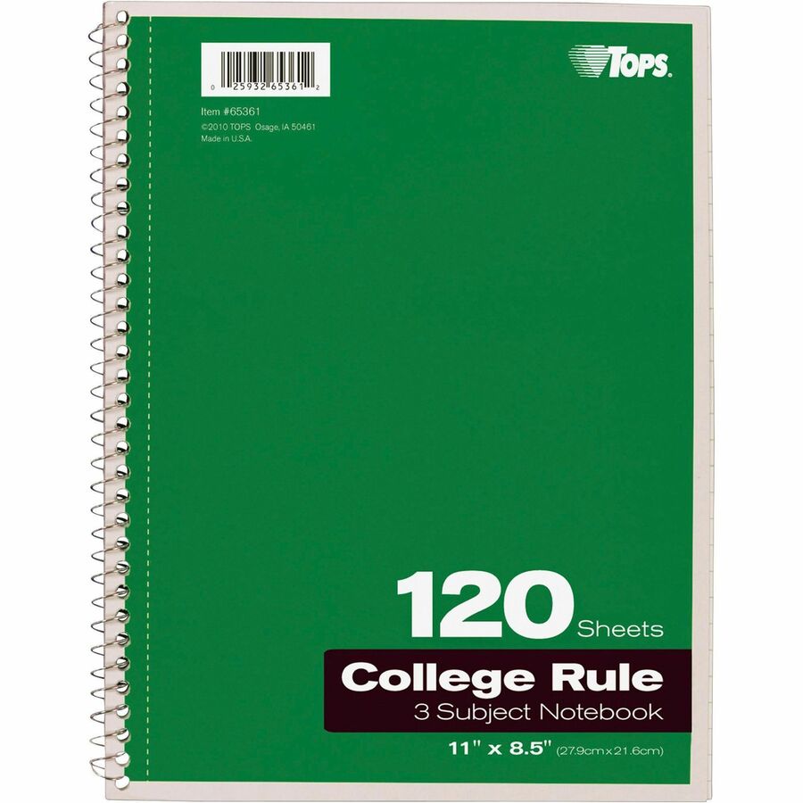 Image of Tops 3-Subject Notebooks, Collg Ruled, 11"x8-1/2", 120 Shts, Ast