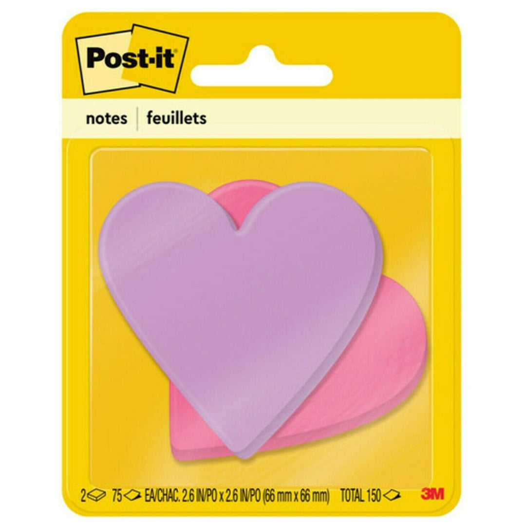 Image of Post-it® Notes Die-Cut Heart Shaped Notepads, 3" x 3", Pink/Purple, 75 Sheets/Pad, 2 Pads/Pack