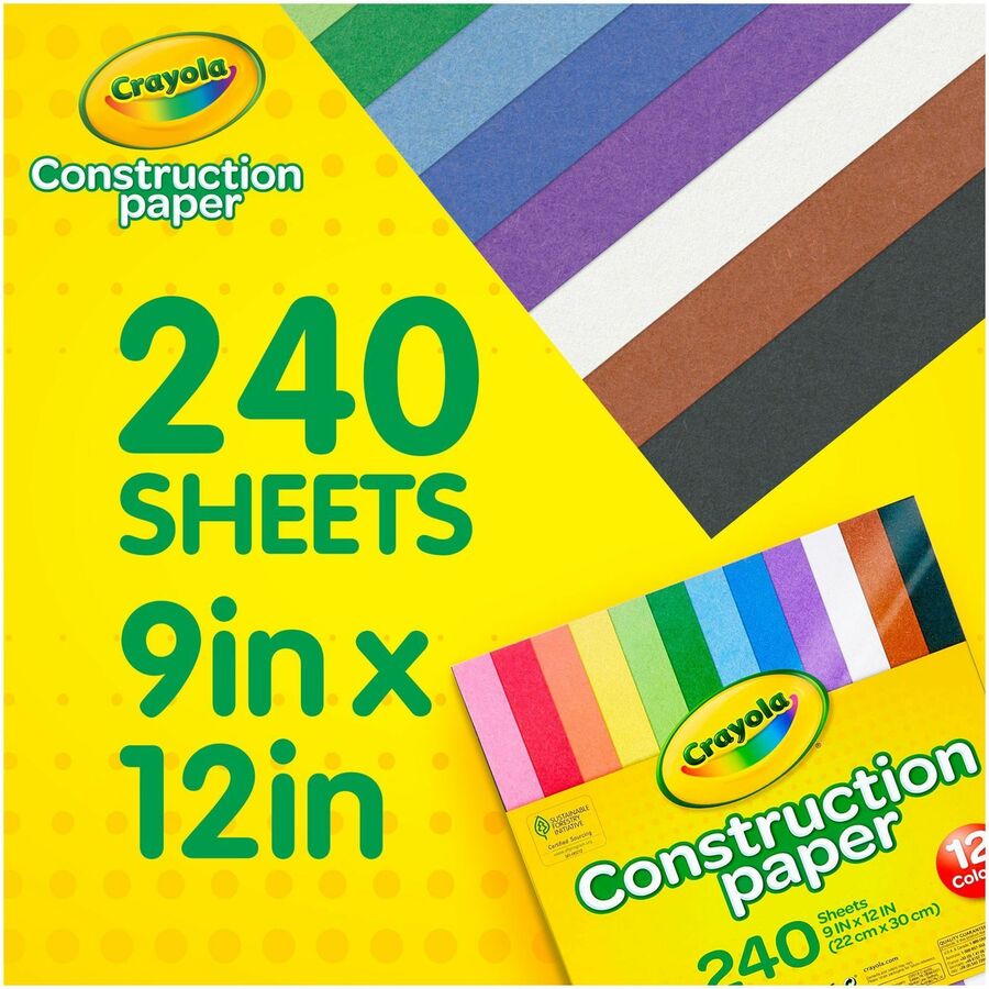 Image of Crayola 99-3200 Construction Paper, Craft Project, School Project, Art, 1.60" H x 9" W x 12" Length, Assorted, 1 Pack