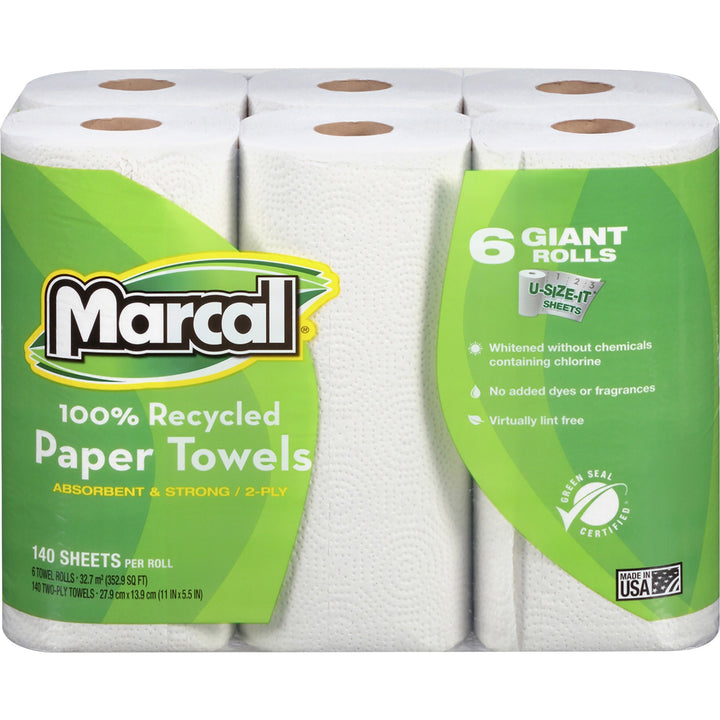Image of Marcal 6181 100% Recycled Giant Roll Paper Towels, 2 Ply, 140 Sheets/Roll, White, 6 Rolls Per Container, 6 / Pack