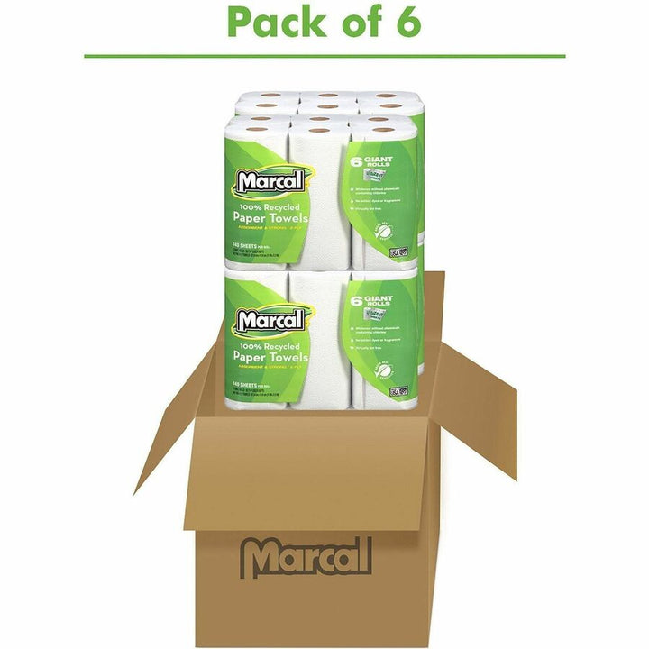 Image of Marcal 6181 100% Recycled Giant Roll Paper Towels, 2 Ply, 140 Sheets/Roll, White, 6 Rolls Per Container, 6 / Pack