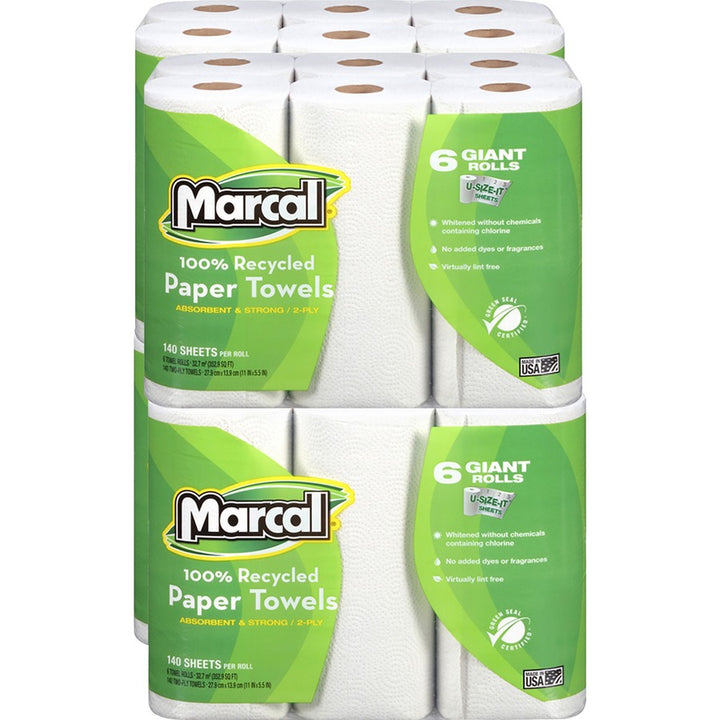 Image of Marcal 6181 100% Recycled Giant Roll Paper Towels, 2 Ply, 140 Sheets/Roll, White, 6 Rolls Per Container, 6 / Pack