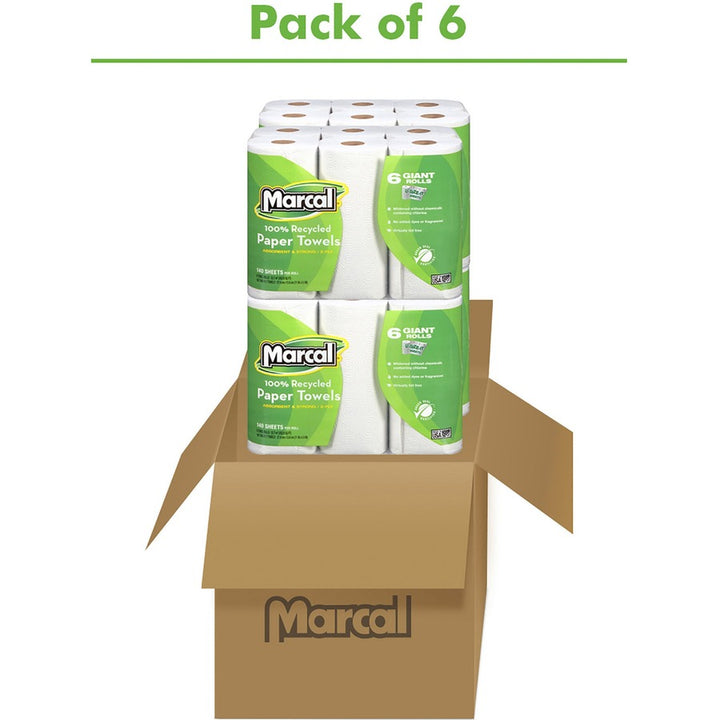 Image of Marcal 6181 100% Recycled Giant Roll Paper Towels, 2 Ply, 140 Sheets/Roll, White, 6 Rolls Per Container, 6 / Pack