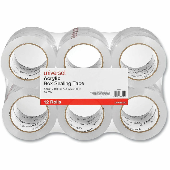 Image of Universal UNV66100 Packaging Tape, 109 yd Length x 1.88" W x 1.7 mil Thickness, 3" Core, Clear, Acrylic, Plastic Backing, 12 / Pack