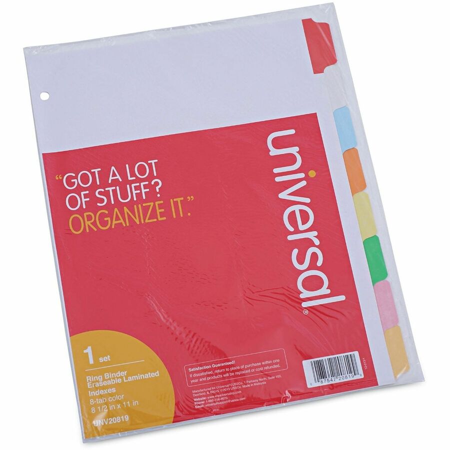 Image of Universal 20819 Deluxe Write-On/Erasable Tab Index, 8-Tab, 11 x 8.5, White, Assorted Tabs, 1 Set