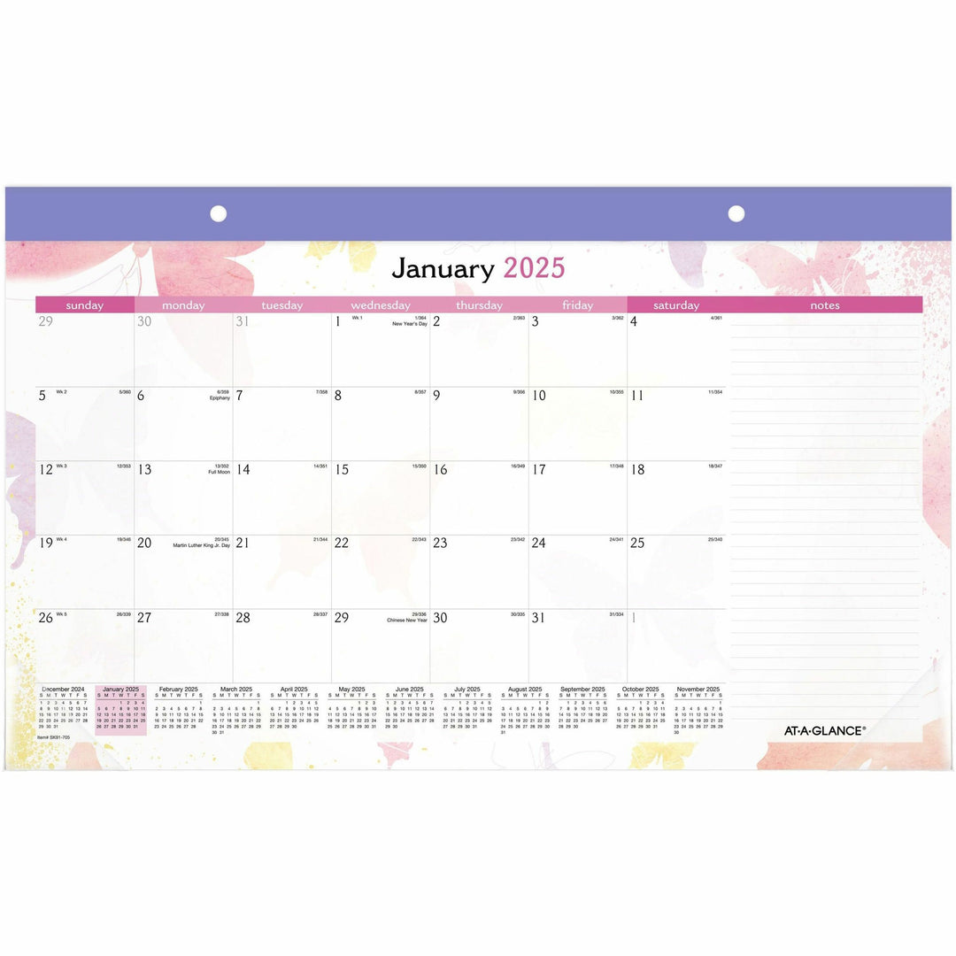 Image of AT-A-GLANCE® Watercolors Monthly Desk Pad Calendar, Butterfly Artwork, 17.75 x 11, White Sheets, Purple Binding, 12-Month (Jan-Dec): 2025