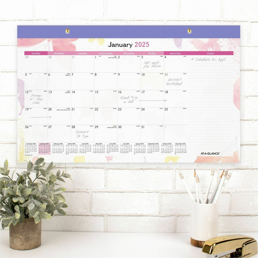 Image of AT-A-GLANCE® Watercolors Monthly Desk Pad Calendar, Butterfly Artwork, 17.75 x 11, White Sheets, Purple Binding, 12-Month (Jan-Dec): 2025