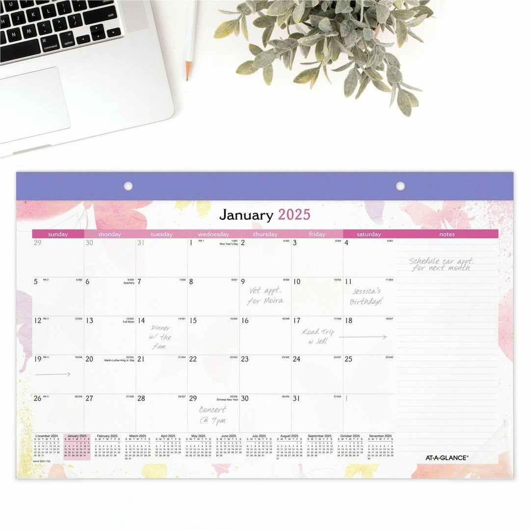 Image of AT-A-GLANCE® Watercolors Monthly Desk Pad Calendar, Butterfly Artwork, 17.75 x 11, White Sheets, Purple Binding, 12-Month (Jan-Dec): 2025