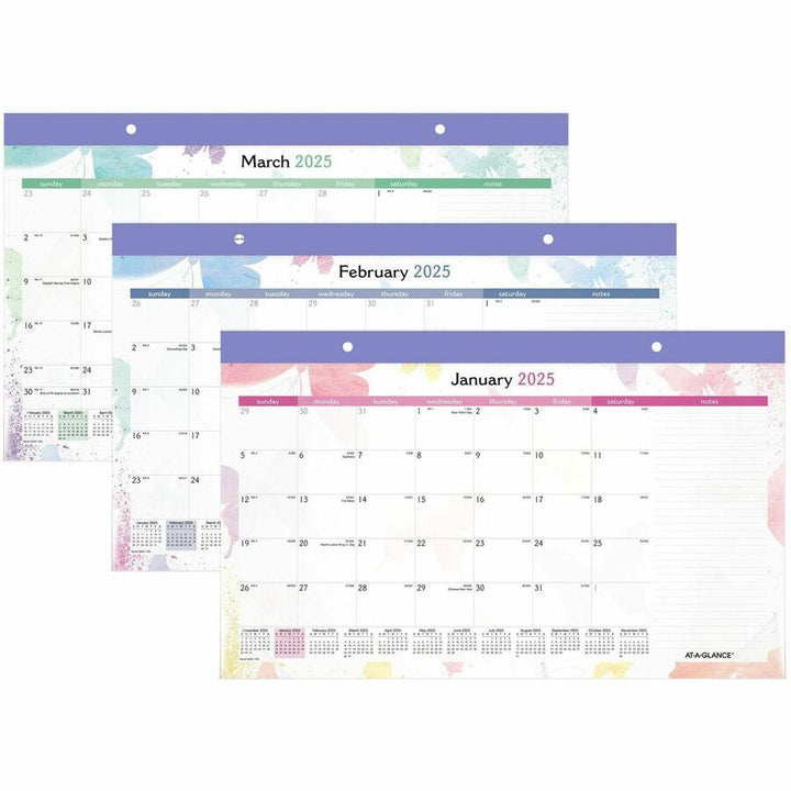 Image of AT-A-GLANCE® Watercolors Monthly Desk Pad Calendar, Butterfly Artwork, 17.75 x 11, White Sheets, Purple Binding, 12-Month (Jan-Dec): 2025
