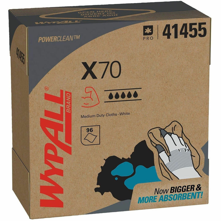 Image of Wypall 41455 PowerClean X70 Medium Duty Cloths, Pop-Up Box, 8.34" W x 16.80" Length, White, Hydroknit/, 100 / Box