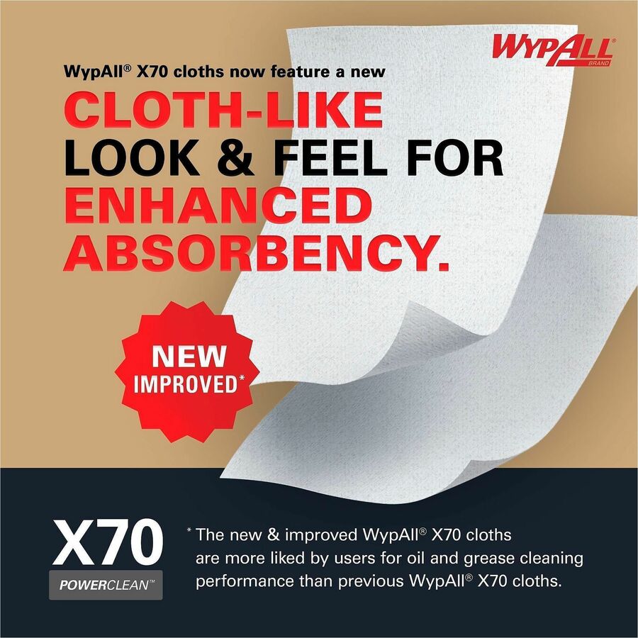 Image of Wypall 41455 PowerClean X70 Medium Duty Cloths, Pop-Up Box, 8.34" W x 16.80" Length, White, Hydroknit/, 100 / Box
