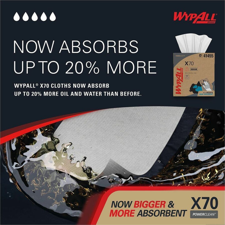 Image of Wypall 41455 PowerClean X70 Medium Duty Cloths, Pop-Up Box, 8.34" W x 16.80" Length, White, Hydroknit/, 100 / Box