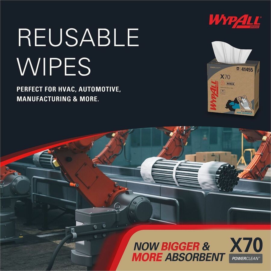 Image of Wypall 41455 PowerClean X70 Medium Duty Cloths, Pop-Up Box, 8.34" W x 16.80" Length, White, Hydroknit/, 100 / Box