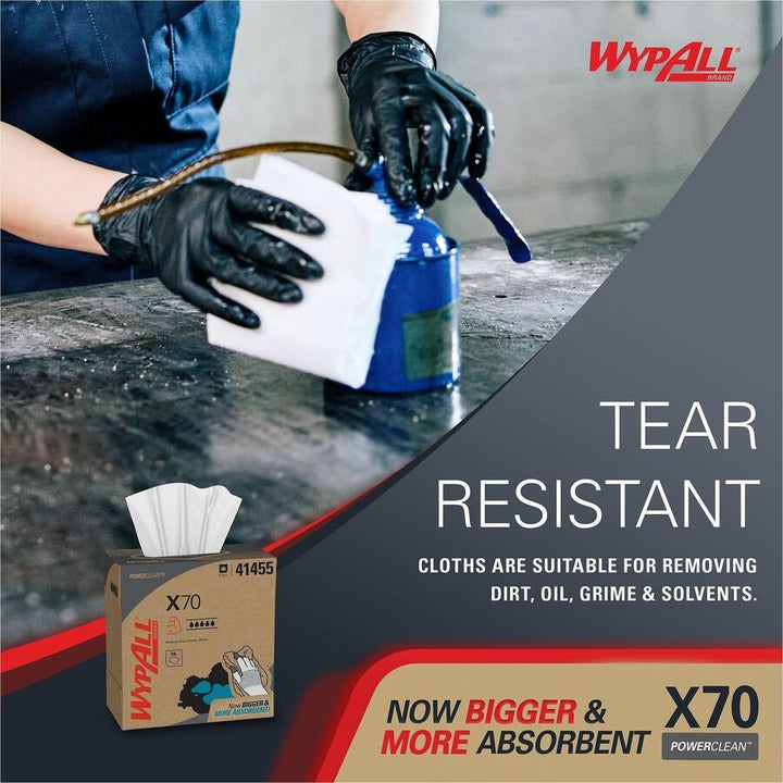 Image of Wypall 41455 PowerClean X70 Medium Duty Cloths, Pop-Up Box, 8.34" W x 16.80" Length, White, Hydroknit/, 100 / Box