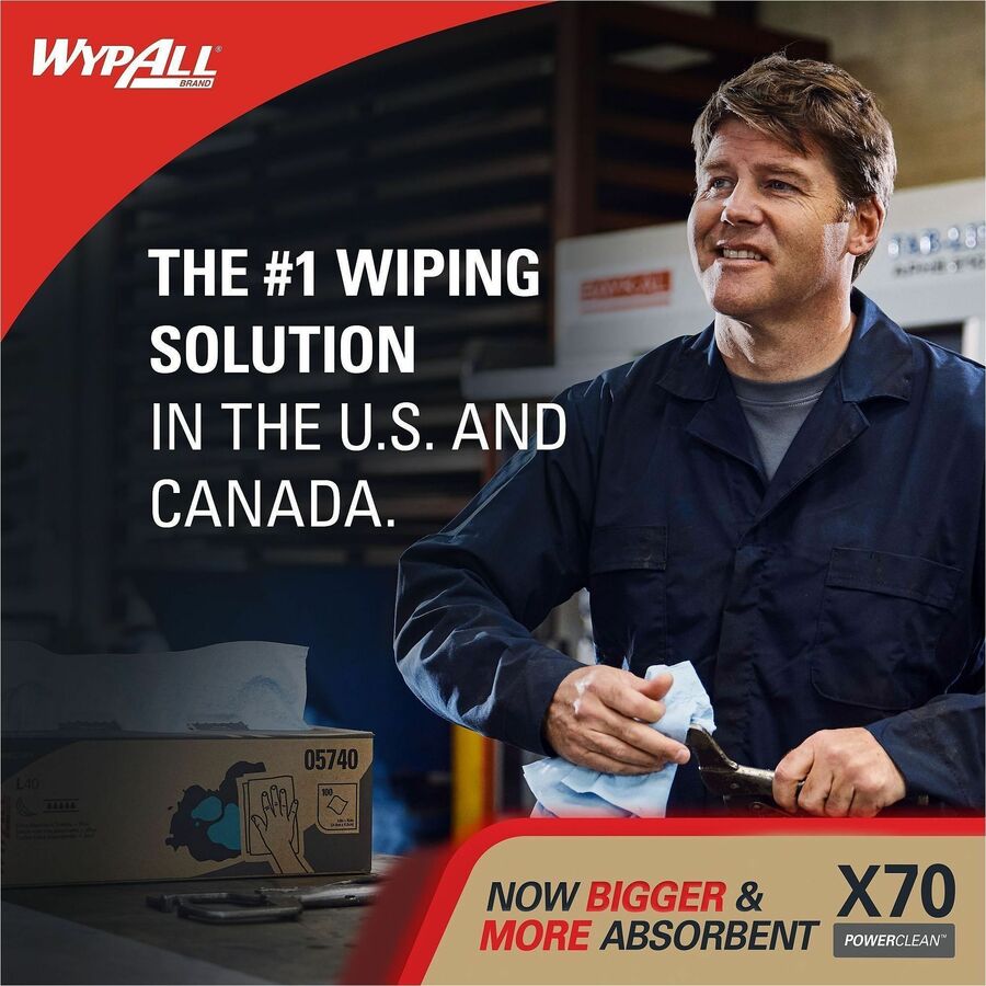 Image of Wypall 41455 PowerClean X70 Medium Duty Cloths, Pop-Up Box, 8.34" W x 16.80" Length, White, Hydroknit/, 100 / Box