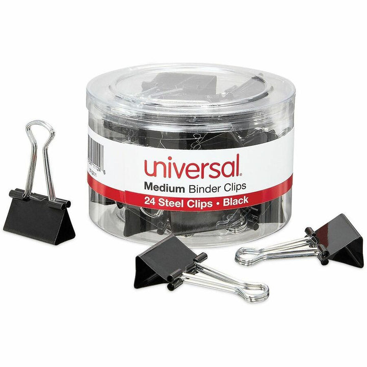 Image of Universal 11124 Binder Clips with Storage Tub, Medium, Black/Silver, 24/Pack