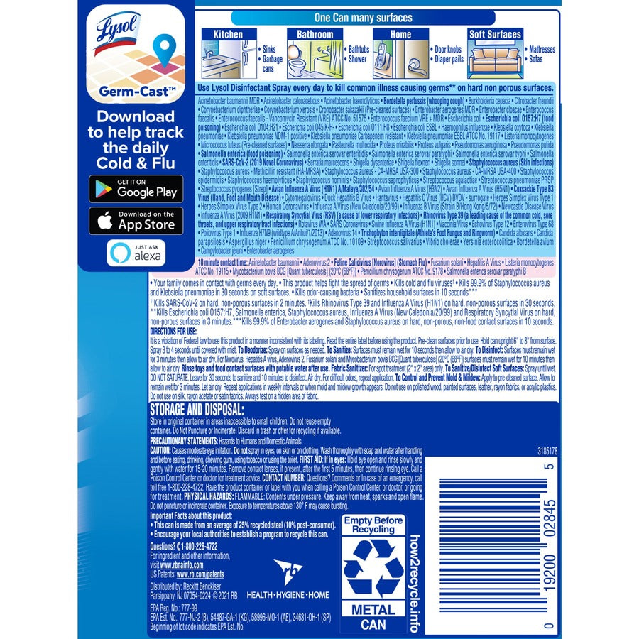 Image of Lysol 02845 Spring Waterfall Disinfectant Spray, Ready-To-Use, 12.5 fl oz (0.4 quart), Spring Waterfall Scent, Easy to Use, Clear, 1 Each
