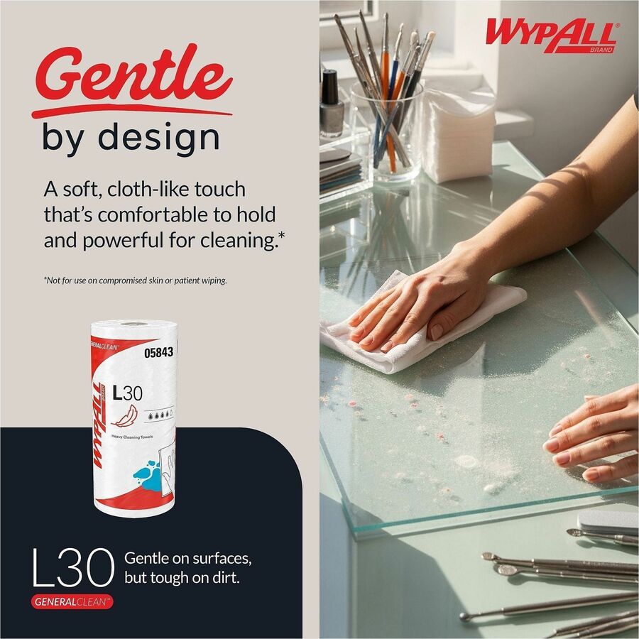 Image of Wypall 05843 GeneralClean L30 Heavy Cleaning Towels, 11" W x 10.40" Length, 70 Sheets/Roll, White, 70/Roll, 1 Each