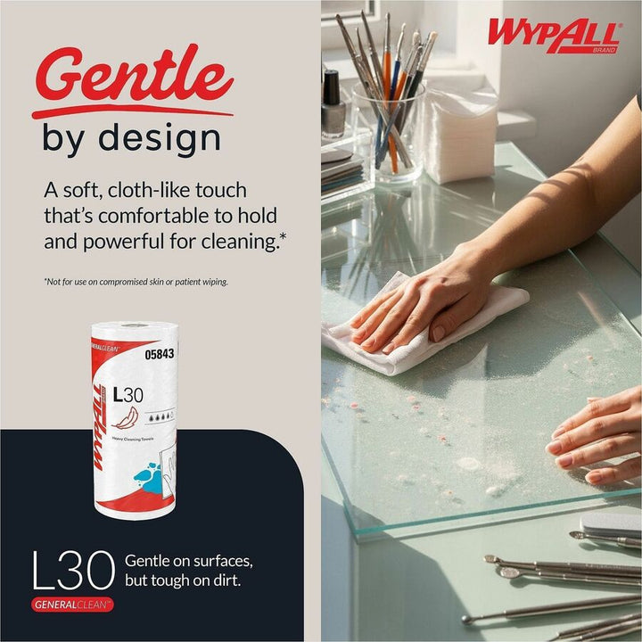Image of Wypall 05843 GeneralClean L30 Heavy Cleaning Towels, 11" W x 10.40" Length, 70 Sheets/Roll, White, 70/Roll, 1 Each