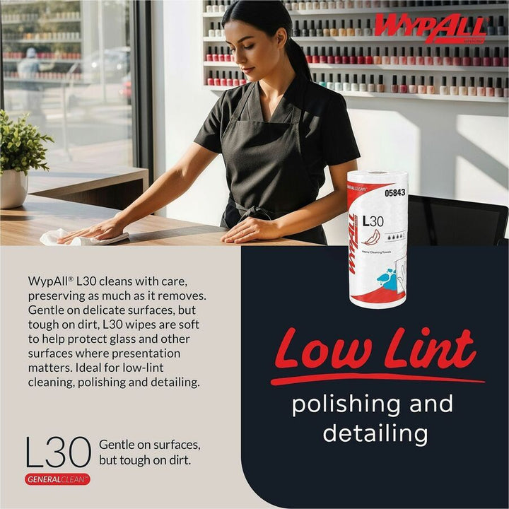 Image of Wypall 05843 GeneralClean L30 Heavy Cleaning Towels, 11" W x 10.40" Length, 70 Sheets/Roll, White, 70/Roll, 1 Each