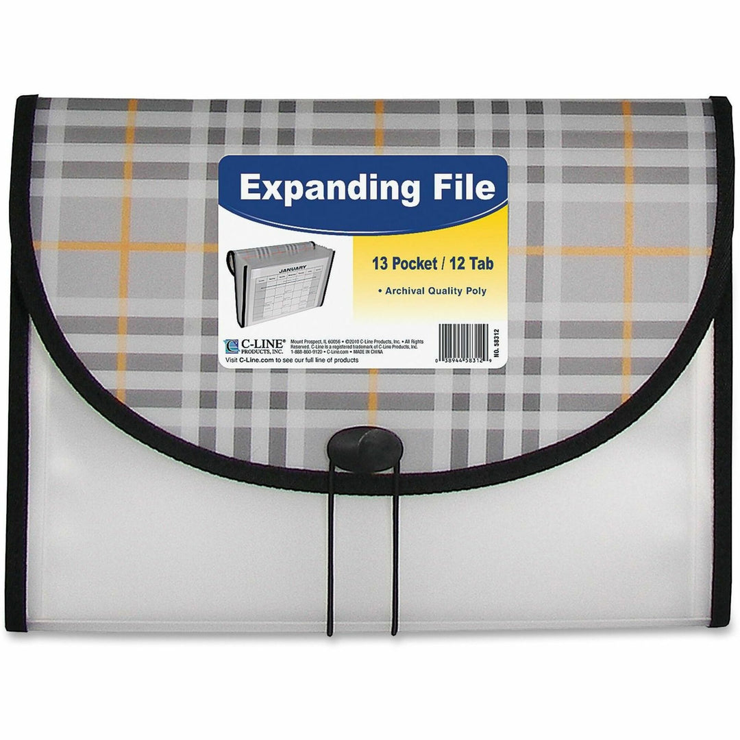 Image of C-Line® Plaid Design Expanding Files, 1.5" Expansion, 13 Sections, Cord/Hook Closure, 1/6-Cut Tabs, Letter Size, Gray Plaid