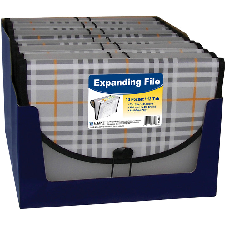 Image of C-Line® Plaid Design Expanding Files, 1.5" Expansion, 13 Sections, Cord/Hook Closure, 1/6-Cut Tabs, Letter Size, Gray Plaid