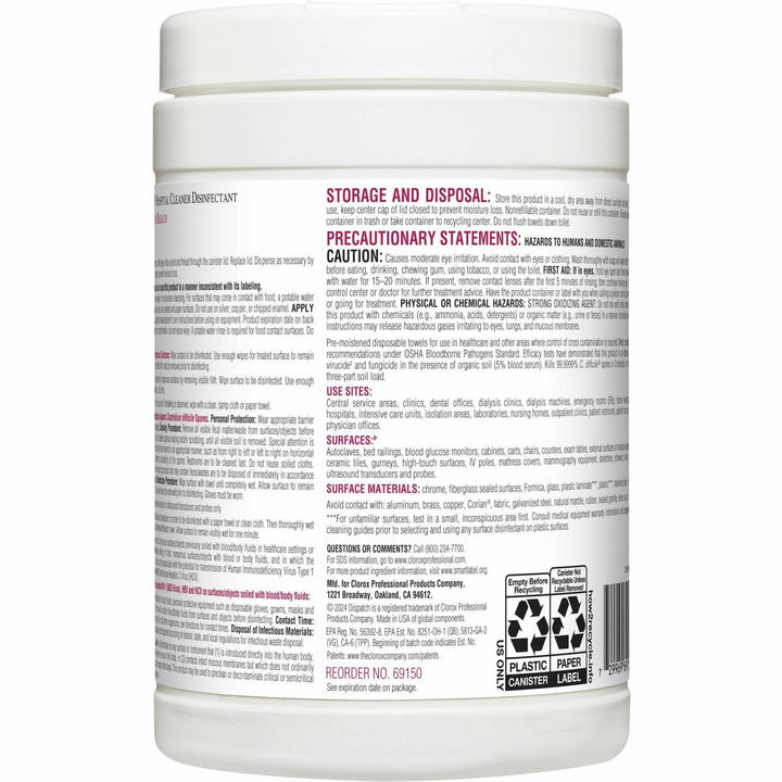 Image of Dispatch 69150 Hospital Cleaner Disinfectant Towels with Bleach
