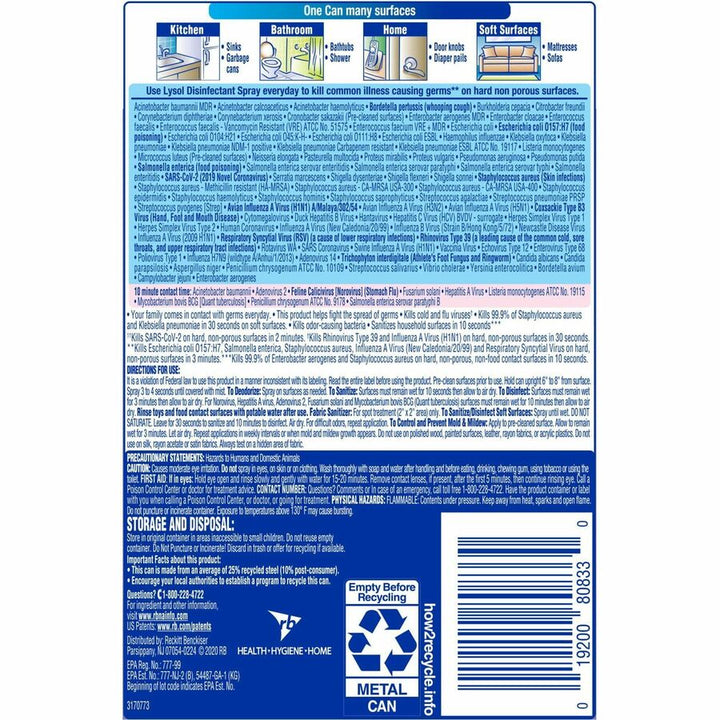 Image of Lysol 80833 Early Morning Breeze Disinfectant Spray, 12.5 fl oz (0.4 quart), Early Morning Breeze Scent, Disinfectant, Clear Can, 1 Each