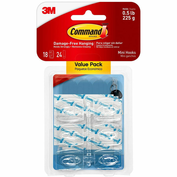 Image of Command 17006CLR-VP Mini Clear Hooks with Clear Strips, 7.94 oz (225 g) Capacity, 1.1" H x 0.9" W x 1.1" Length, Plastic, Clear, 18 / Pack