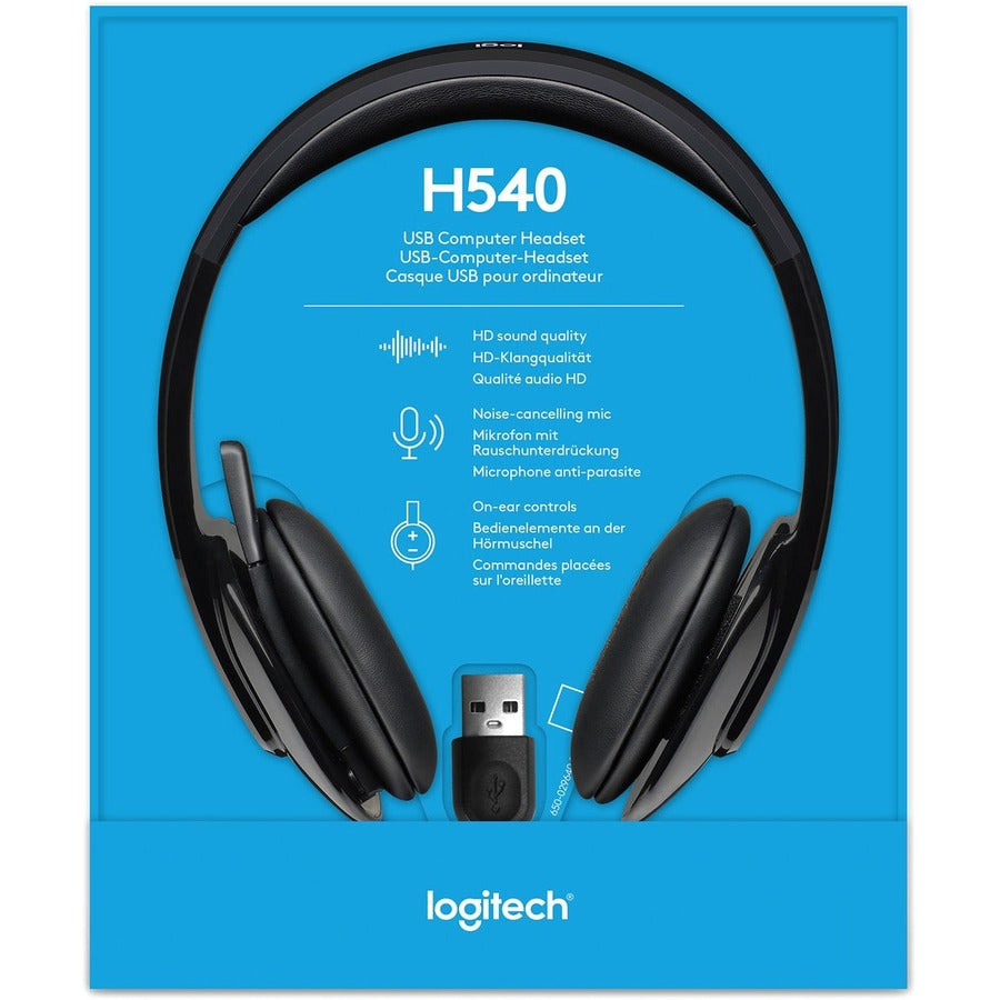 Image of Logitech H540 USB Headset, Stereo, USB, Wired, Over-the-head, Binaural, Semi-open, Black, 1 Each