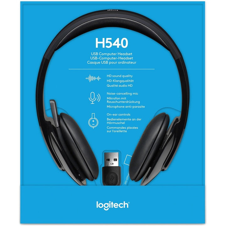 Image of Logitech H540 USB Headset, Stereo, USB, Wired, Over-the-head, Binaural, Semi-open, Black, 1 Each