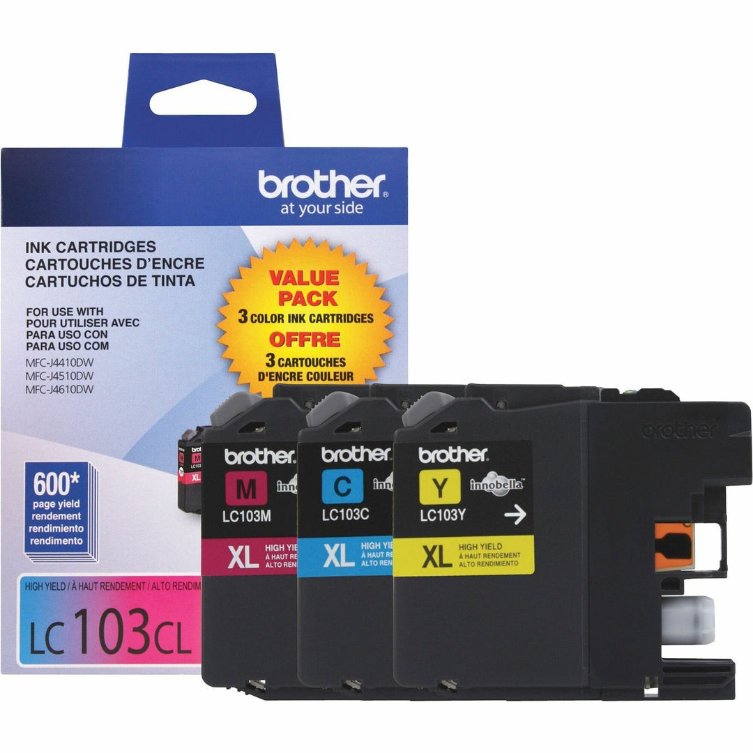 Image of Brother Innobella LC1033PKS LC103 3PK High-yield Ink Cartridges, 600 Pages Cyan, 600 Pages Magenta, 600 Pages Yellow, 3 / Pack