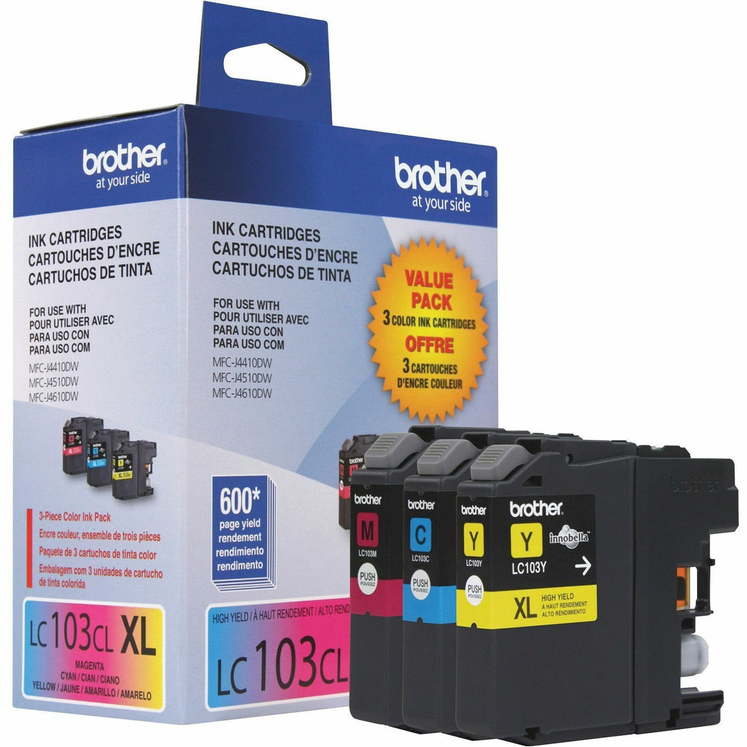 Image of Brother Innobella LC1033PKS LC103 3PK High-yield Ink Cartridges, 600 Pages Cyan, 600 Pages Magenta, 600 Pages Yellow, 3 / Pack
