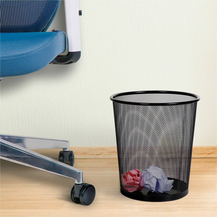 Image of Lorell Round Waste Bin, Steel Mesh, 4.7 Gal., 12"x14-1/4", Black