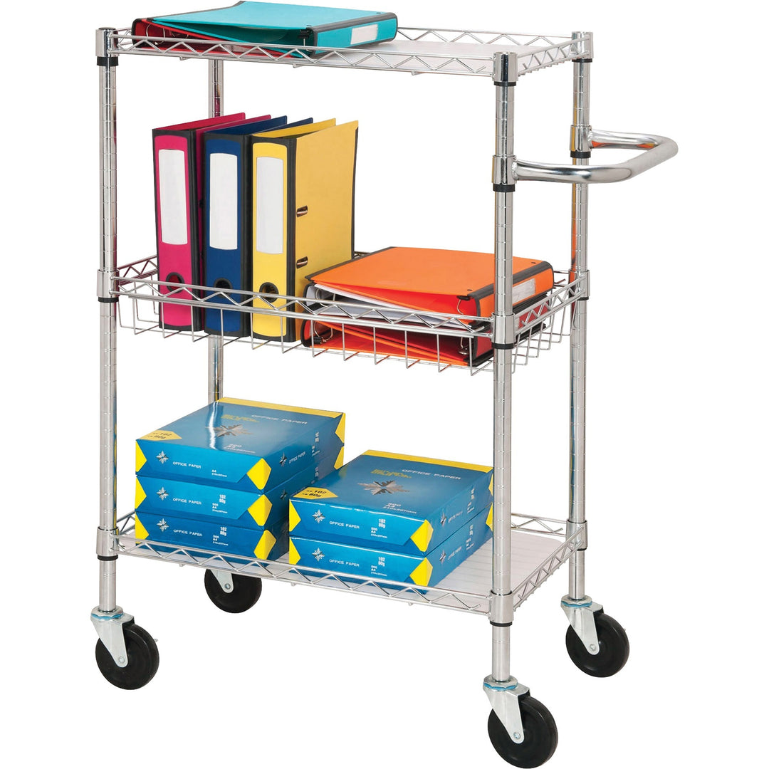 Image of Lorell Cart, Mobile, 3-Tier, Wire Metal, 16"x26"x40", Chrome