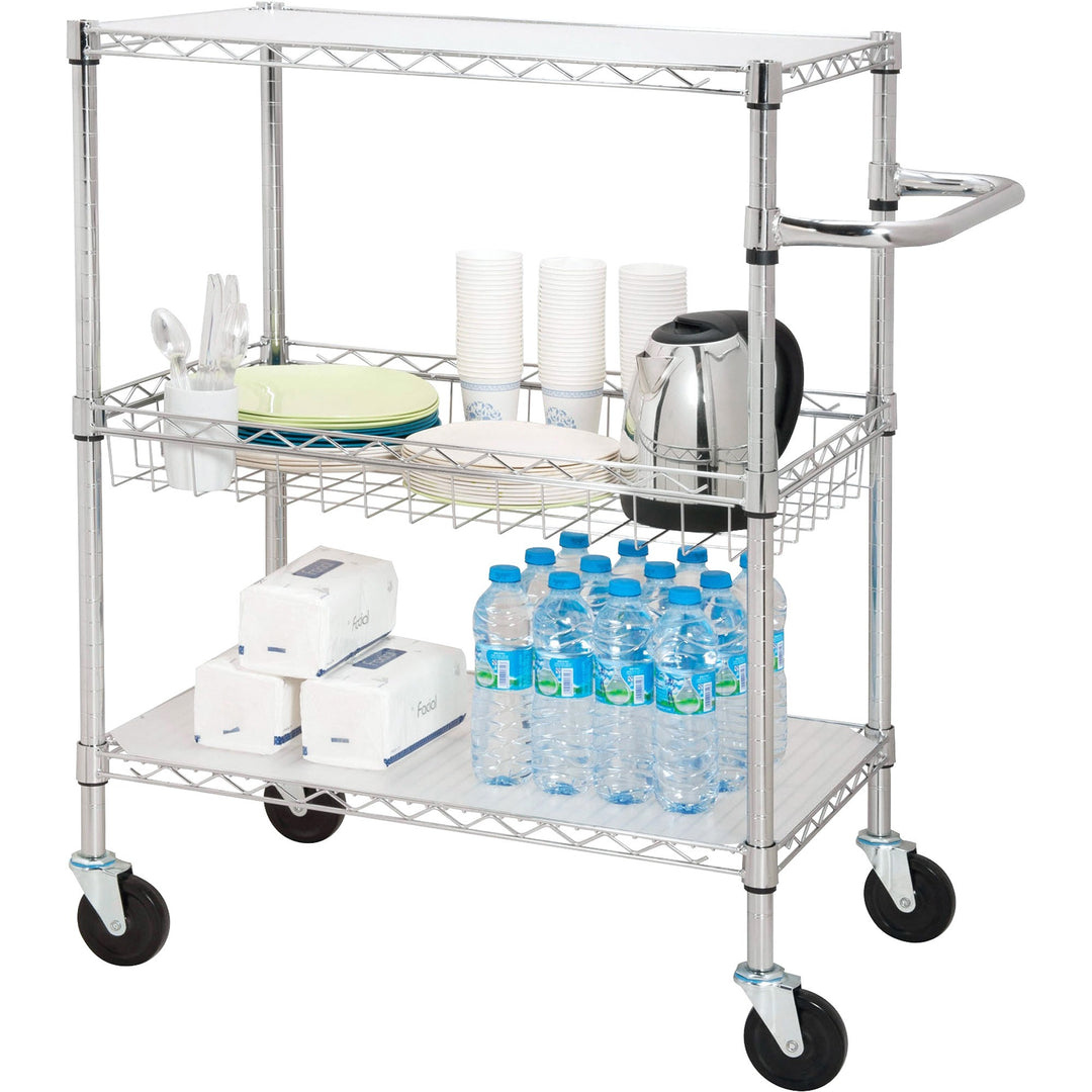 Image of Lorell Cart, Mobile, 3-Tier, Wire Metal, 18"x30"x40", Chrome