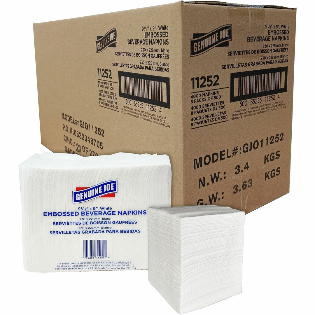 Image of Genuine Joe Beverage Napkins,Quad Fold,9-1/2"x9-1/2",500/PK,8PK/CT,WE