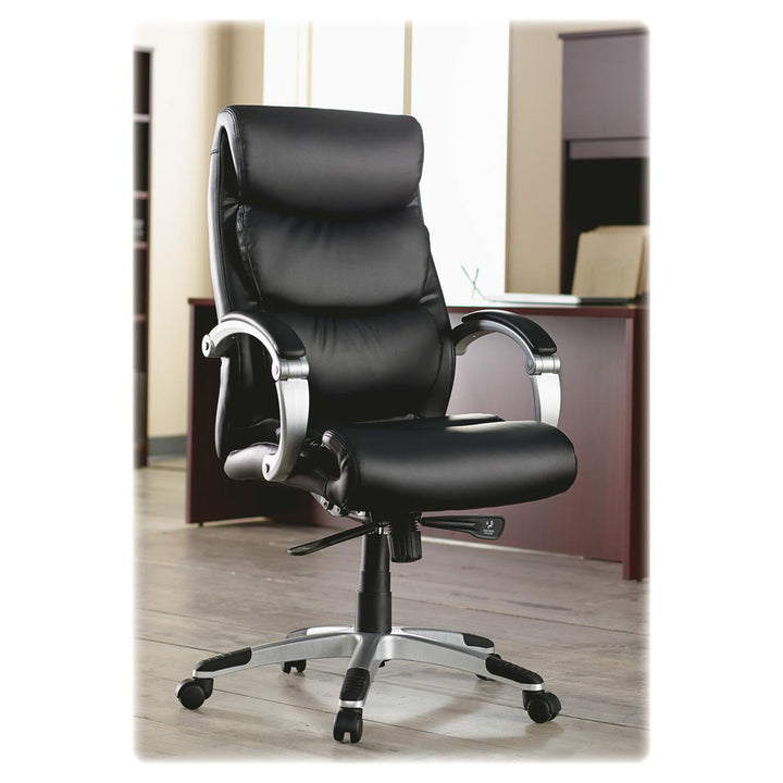 Image of Lorell Hi-Back Chair,Leather,Flex Arms,27"x28.4"x43.1"-46.1",BK
