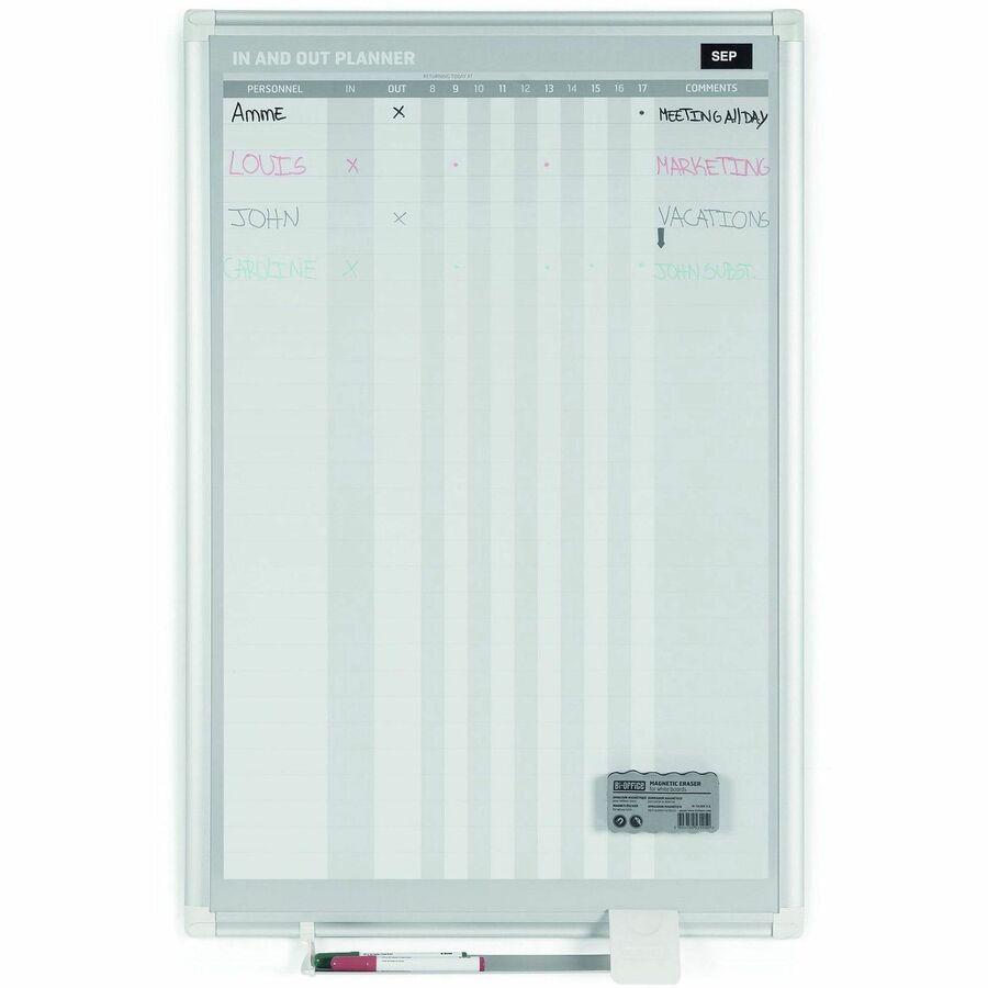 Image of MasterVision® In-Out Magnetic Dry Erase Board, 30-Person Tracking, 24" x 36", White Surface, Satin Aluminum Frame