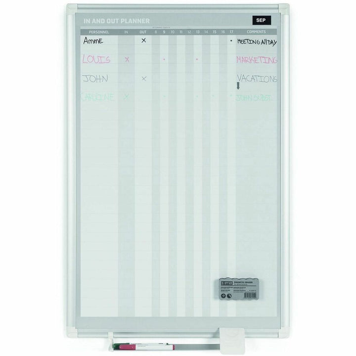 Image of MasterVision® In-Out Magnetic Dry Erase Board, 30-Person Tracking, 24" x 36", White Surface, Satin Aluminum Frame