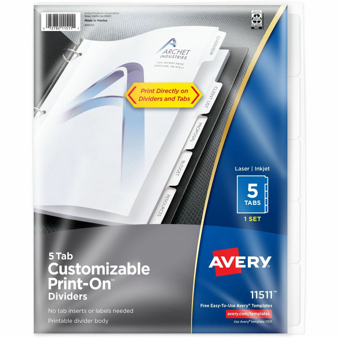 Image of Avery® Customizable Print-On(TM) Dividers, 5-Tab Set (11511)